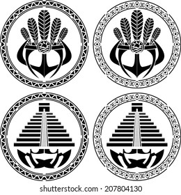 stencils of native indian american masks and pyramids. vector illustration