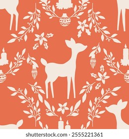 Stencils with seamless Christmas pattern, laser cutting with deer silhouette and xmas decoration, christmas home interior wall art