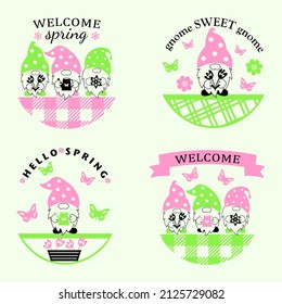 Stencils set of spring gnomes for cutting. Door, window decoration, gnome protrusion. Round sign. Spring decorations
