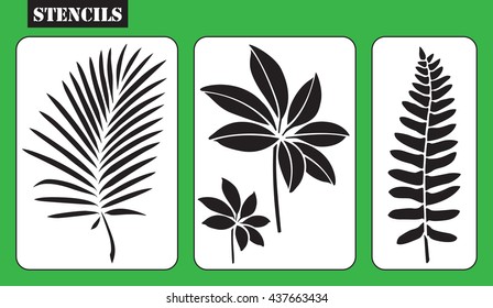 Stencils. Set Of Tropical Leaves. Stencil Of Fern Leaf, Leaf Of Palm, Frond Leaf. Laser Cutting Template Pattern For Decorative Panel. Vector Silhoutte.