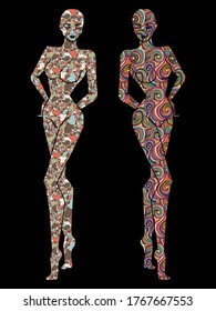 Stencils of two ladies bodies decorated with different patterns, silhouettes isolated on a black background