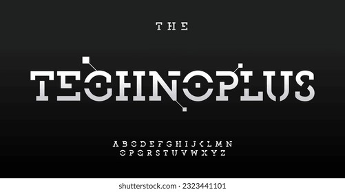 Stencil-style alphabet, bold serif letters, robust slab font for techno core logo, futuristic headline, sleek typographic design. Vector typeset