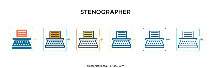 Stenographer vector icon in 6 different modern styles. Black, two colored stenographer icons designed in filled, outline, line and stroke style. Vector illustration can be used for web, mobile, ui