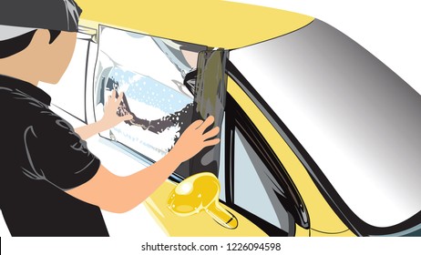 Step 5 Prepare a measure to wrap film car by worker service industries acting, He changing the new one ater shampoo and bubbles to keep a film firmly in window glass has a clipping path.