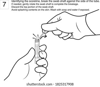 Step 7 : Identifying the scoreline, break the swab shaft against the side of the tube. Discard the top portion of the swab shaft. line drawing