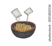 Step of adding spices to instant noodles, hand drawn sketch vector illustration isolated on white background. Recipe instruction for preparing noodles or ramen.