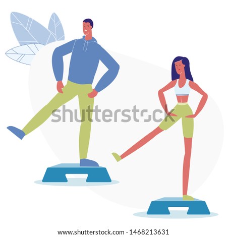 Step Aerobic Classes Flat Vector Illustration. Male and Female Fitness Trainers Workout Cartoon Characters. Man and Woman, Wearing Sportswear, Exercising in Gym. Healthy Lifestyle, Cardio Training