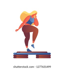 Step aerobics girl in flat modern style drawn with gradients and vivid colors, isolated on white. Active lifestyle illustration good for aerobic studio or gym.