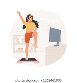 Step aerobics isolated cartoon vector illustration. Sporty young woman doing step aerobics using online lessons, people active lifestyle during pandemic, physical activity vector cartoon.