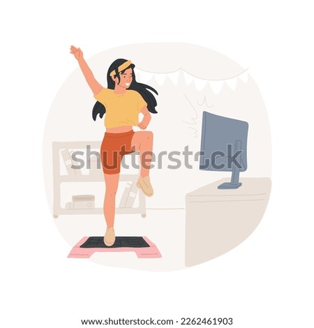 Step aerobics isolated cartoon vector illustration. Sporty young woman doing step aerobics using online lessons, people active lifestyle during pandemic, physical activity vector cartoon.