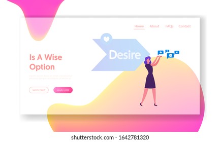 Step AIDA Model Website Landing Page. Frauen, die soziale Medien Symbol vor der Pfeil mit Desire Typografie Teil der Aufmerksamkeit Interessenten Action Stages Webpage Banner. Illustration zur flachen Vektorillustration von Cartoon