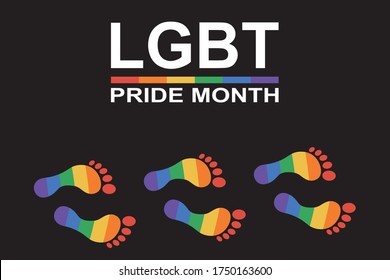 Step bare feet footprint colored in rainbow six color and text LGBT pride month on black background. Copy space for design or text. LGBT and pride celebration concept. Flat vector illustration