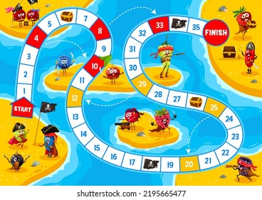 Step board game, cartoon berry pirates and corsairs on island. Kids vector worksheet with cherry, blueberry, gooseberry and honeyberry, black currant, cranberry, raspberry, strawberry and barberry