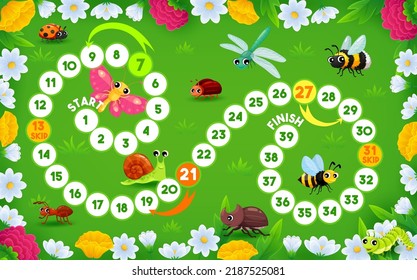 Step board game, cartoon insect characters on summer meadow with vector path of numbered steps and arrows. Kids worksheet of puzzle quiz with cute personages of butterfly, ladybug, bee, ant and bug