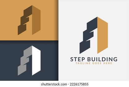 Step Building Logo Design. Modern Building Logo and Step Ladder with Flat Minimalist Concept.