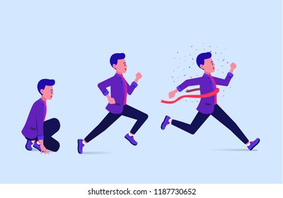 Step of businessman start and running to finish line. Business concept illustration about success.