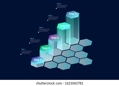 Step by Step 3D Hexagon Bars Infographic on dark background