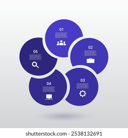 Step by step blue circle infographic template with 5 steps, options, parts or processes.