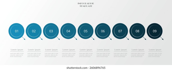 Step by step blue infographic template with 9 options, parts or processes.