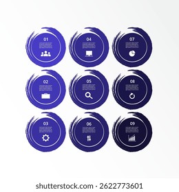 Plantilla de infografía azul paso a paso con 9 opciones, piezas o procesos.