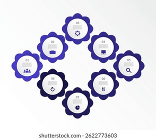 Step by step blue infographic template with 8 options, parts or processes.