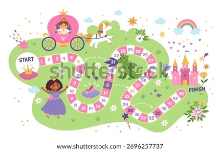 Step by step board game. Magical fairy tale kingdom, kids adventures, cute princesses and unicorn, girly maze template for children, cartoon flat style isolated illustration, garish vector concept