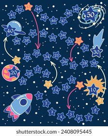 Step by step board game with numbers from the spaceship to the other galaxy. Cartoon vector illustration for games, children's rugs, print.
