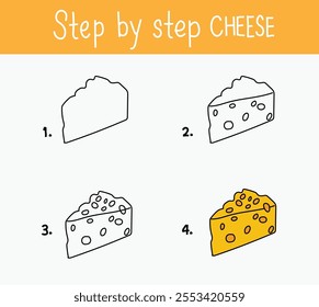step by step cheese. Tutorial for drawing Cheese. vector illustration. Good for banner, poster, greeting card, party card, invitation, template, advertising, campaign, and social media.