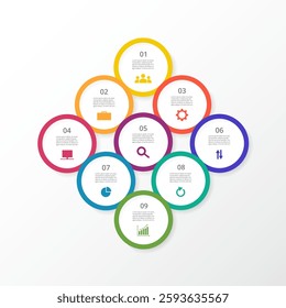 Step by step circle infographic template with 9 options, parts or processes.