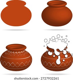 Step by Step Clay Pot Drawing Process Vector Illustration