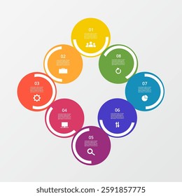 Step by step colorful infographic template with 8 options, parts or processes.