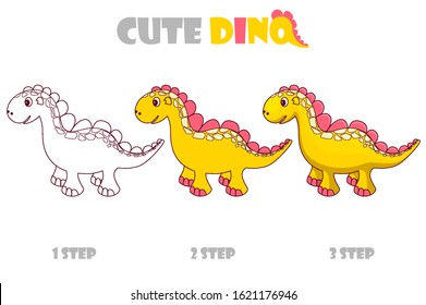 Step by step coloring girly orange cute dino. Cartoon dinosaur improvement. Black white and painted dinosaur. Animation and movement of an orange dino.