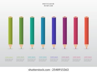 Step by step creative infographic template with 8 steps, options, parts or processes. Pencils concept.