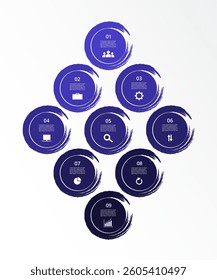 Step by step creative infographic template with 9 options, parts or processes.