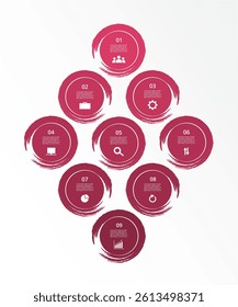 Step by step creative infographic template with 9 options, parts or processes.