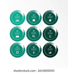 Step by step creative infographic template with 9 options, parts or processes.
