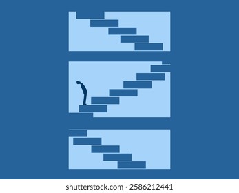 Step by step development, Progress, Looking to the future, Businessman looking up the stairs