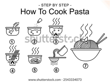 step by step direction - how to cook pasta (solid black fill). vector instruction for pasta cooking. 