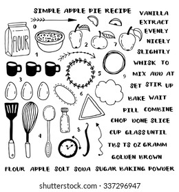 Step By Step Doodle Pastry Baking Recipe. Apple Pie Recipe Vector DIY Illustration.