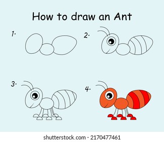 Step by step to draw an Ant. Drawing tutorial an Ant. Drawing lesson for children. Vector illustration