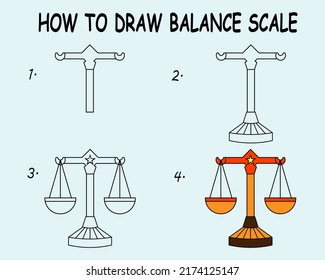 Step By Step To Draw A Balance Scale. Drawing Tutorial A Balance Scale. Drawing Lesson For Children. Vector Illustration