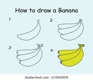 Paso a paso para dibujar un plátano. Dibujando tutorial en plátano. Lección de dibujos para niños. Ilustración del vector