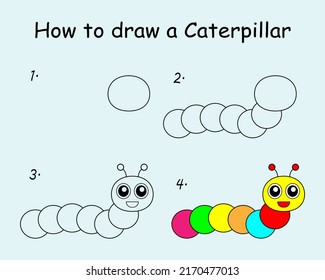 Paso a paso para trazar una columna Caterpillar. Dibujar tutorial en una columna Caterpillar. Lección de dibujos para niños. Ilustración del vector