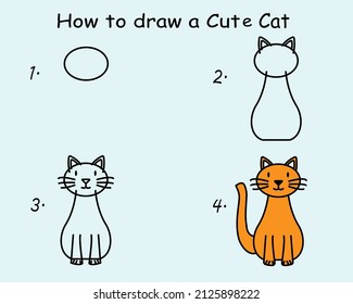 Step by step to draw a Cute Cat. Drawing tutorial a Cute Cat. Drawing lesson for children. Vector illustration