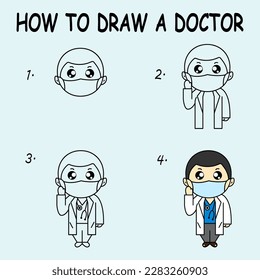 Paso a paso para dibujar un Doctor Cute. Dibujando tutorial un Doctor Cute. Lección de dibujos para niños. Ilustración del vector	