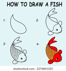 Paso a paso para dibujar un pescado fresco. Dibujar tutorial un pescado curado. Lección de dibujos para niños. Ilustración del vector	
