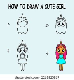 Step by step to draw a Cute girl. Drawing tutorial a Cute girl. Drawing lesson for children. Vector illustration	

