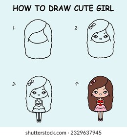 Step by step to draw a cute girl. Drawing tutorial a cute girl. Drawing lesson for children. Vector illustration	
