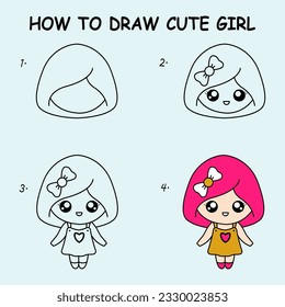 Step by step to draw a cute girl. Drawing tutorial a cute girl. Drawing lesson for children. Vector illustration	
