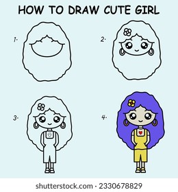 Step by step to draw a cute girl. Drawing tutorial a cute girl. Drawing lesson for children. Vector illustration	
